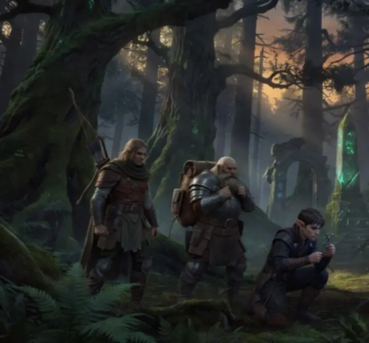 Legendás fantasy küldetés jelenet mágikus csatatérrel és hősökkel