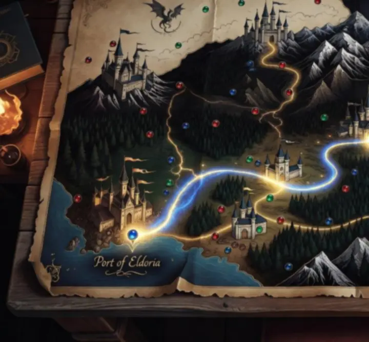 Nyílt világú fantasy térkép, jelölt küldetés helyszínekkel