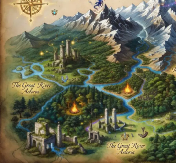 Cinematikus fantasy világ tájak és RPG helyszínek illusztrációja